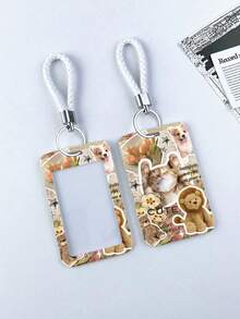 1 PIEZA Soporte vertical de cuero para tarjetas con correa para el hombro, con serie creativa de gatos y perros de dibujos animados incorporada para tarjetas de campus, almuerzo, autobús, metro y tarjetas de identificación laboral - titular de la tarjeta de autobús - Ver 14