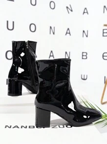 秋冬女款加大码黑色亮面漆皮侧拉链高跟踝靴，时尚办公室简约风粗跟切尔西靴，户外修身短筒优雅礼服靴 - 黑色 - 查看 3