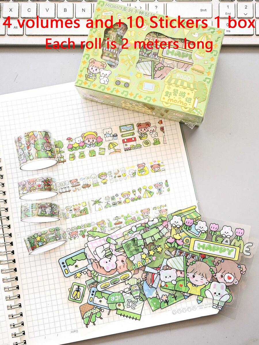 4 Rolls Of Ledger Tape Student DIY Ledger Decorative Sticker Gift Box 10 Sticker Paper Green PVC Transparent And Paper Tape Set Girl Ledger Tape Hair 1 Box - Green - View 1