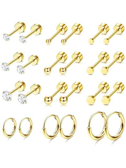مجموعة أقراط 24 قطعة/12 زوج من الأقراط المانعة للحساسية من الفولاذ المقاوم للصدأ، أقراط نتوءات ذهبية مسطحة الظهر للنساء والرجال، أقراط حلقية صغيرة بقفل برغي للحاجز والألصاق والشحمة الأذنية لثقوب متعددة