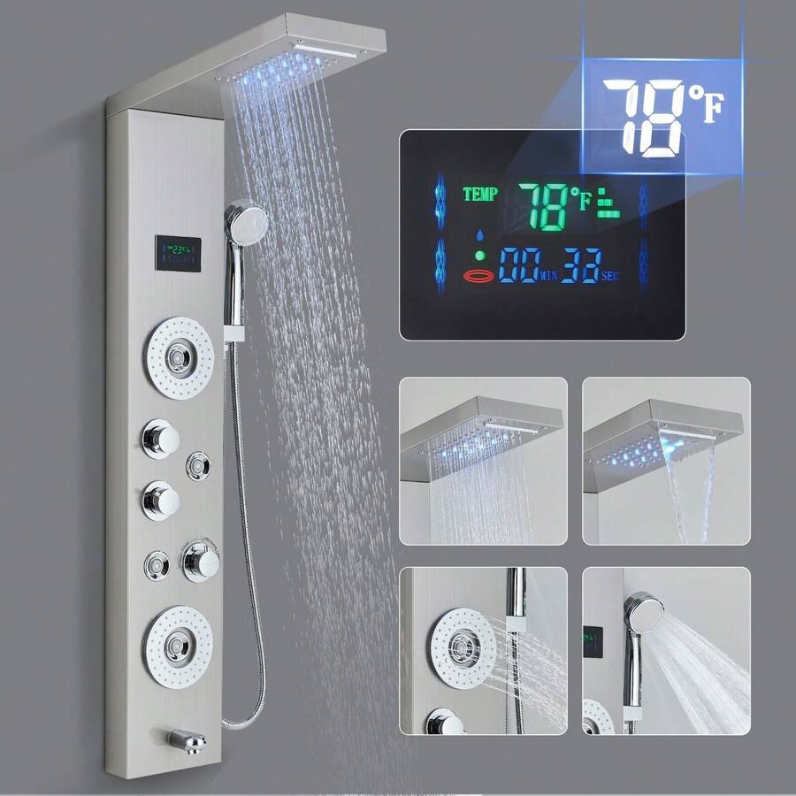 5-Functions Faucet Shower Panel Tower System Stainless Steel With LED Rainfall Waterfall Shower Head - Brushed Nickel - View 1