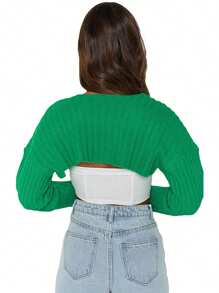Women's Summer Open Front Cropped Cardigan Long Sleeve Solid Color Ribbed Knit Shrug Sweater Bolero Tops Streetwear - Green - View 7