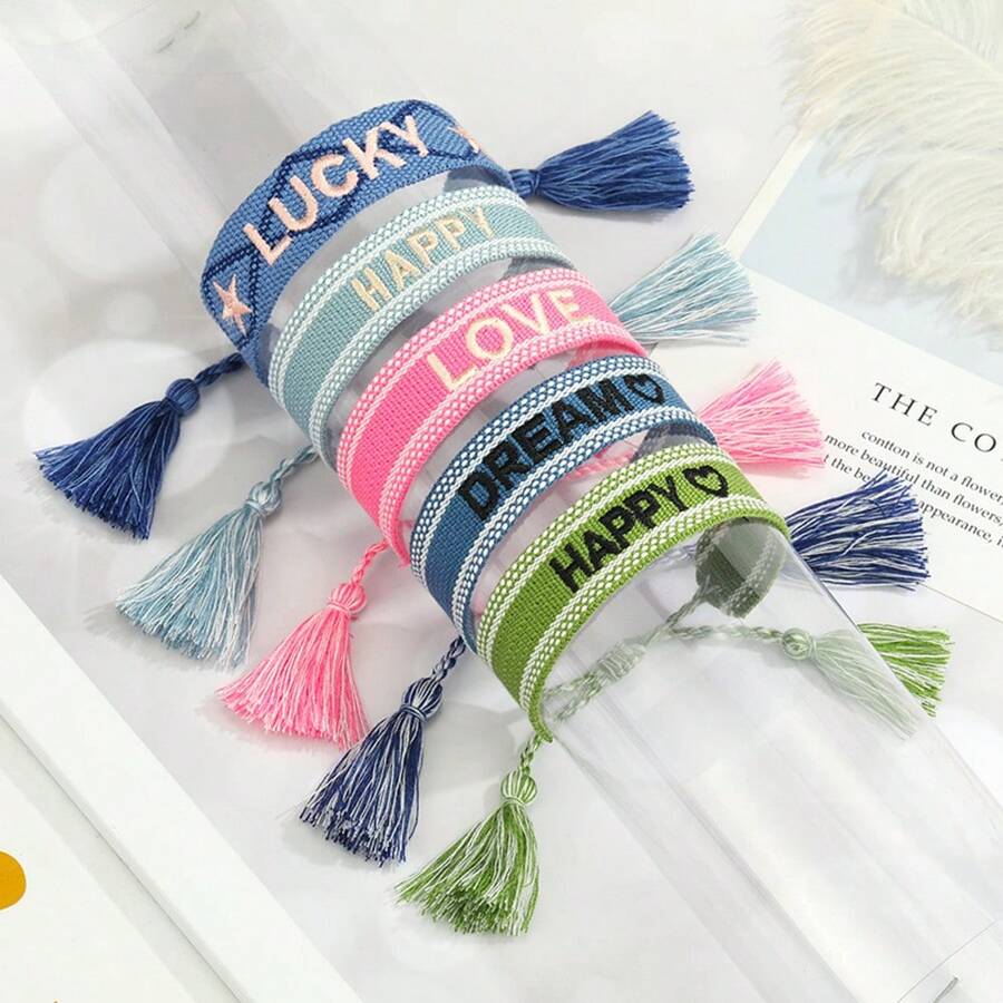 1 chiếc vòng tay thêu chữ và tua rua bện có thể điều chỉnh, vòng tay cá nhân hóa cho các cặp đôi - nhiều màu - Xem 1