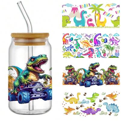 4 piezas Pegatinas de taza con dinosaurios lindos UV DTF, autoadhesivas y resistentes al agua, adecuadas para tazas, botellas de agua, decoración del hogar; Pegatinas de transferencia DTF para frascos de vidrio de 16 onzas; Etiquetas de cristal 3D, resistentes al agua y a los arañazos; Pegatinas de transferencia DIY, calcomanías de mujeres de moda, manualidades DIY - Alta calidad (11x24cm) 4.3"X9.4"