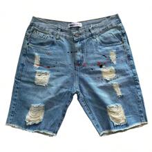 MEN'S RIPPED JEANS BERMUDA WITH LYRA SLIM MODEL BERMUDA WITH DYEJET FAST SHIPPING - 藍色 - 查看 1