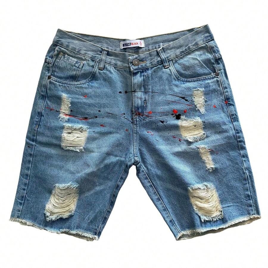 MEN'S RIPPED JEANS BERMUDA WITH LYRA SLIM MODEL BERMUDA WITH DYEJET FAST SHIPPING - 藍色 - 查看 1