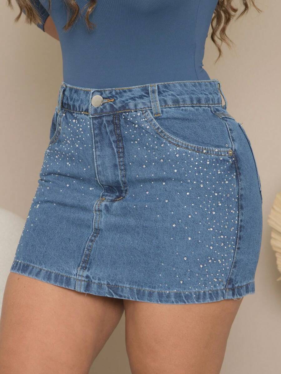 Mini Jeans Skirt With Rhinestones Shine And Style - 中等水洗藍 - 查看 1