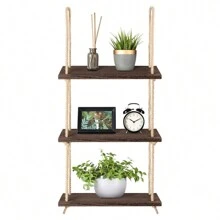 UNHO 3Tier Distressed Wood Swing Storage Shelve Jute Rope Wall Hanging Organizer Rack - Brown - View 11