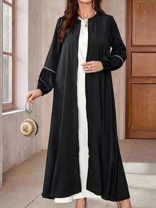 Women's Solid Color Patchwork Long Sleeve Simple Arabian Style Casual Dress, Everyday Wear, Modest - Black - View 3