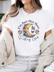 Oversized Style For Women, Trusting God Moon And Butterflies Graphic T-Shirt, Unisex Cotton Comfortable Casual Wear, Jesus Heals T-Shirt, Inspirational Quotes Tee, Loose Type T-Shirt For Women - trắng - Xem 2