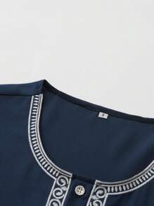 Disqoir 伊斯兰新款穆斯林短袖刺绣口袋男士阿拉伯长袍 - 藍色 - 查看 4