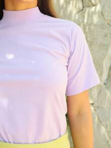 T Shirt High Neck Oversize Sleeve Women's High Neck Blouse Short Sleeve Plain Basic T-Shirt Black White Nude - 紫丁香色 - 查看 2