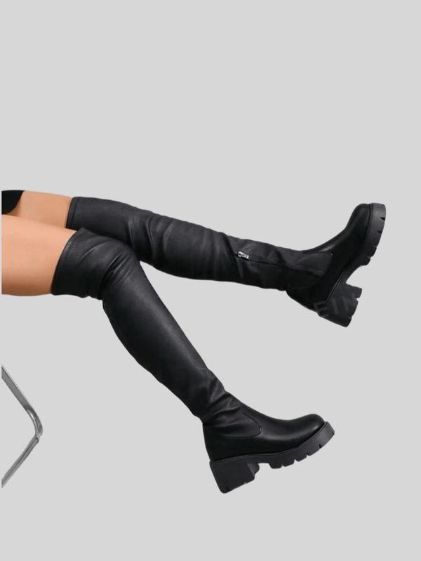 Botas Cano Longo Góticas Novas Femininas, Botas de Tornozelo Confortáveis de Bico Redondo e Salto Grosso para Primavera e Outono, Couro Elástico Macio e Zíper Lateral, Adequadas para Voltar às Aulas e Uso Diário