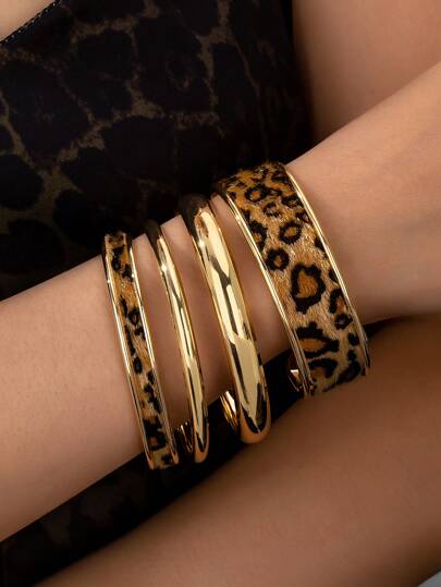 2 Pcs Leopard Print PU Leather Cuff Bangles & 2 Pcs Minimalist Metal Cuff Bracelets , Stacked Bangle Bracelets Set For Women