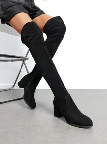 Women Comfortable Black Boot Chunky Heel Over-The-Knee Boots Soft Stretch Suede Leather Chunky Heel Boots For Autumn Winter Wearing - DA LỘN MÀU ĐEN - Xem 1