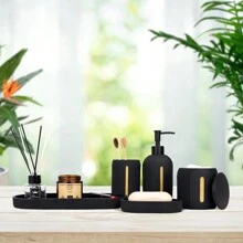 Bathroom Accessory Set 5Pcs-Lotion Soap Dispenser,Toothbrush Holder,Qtip Holder Dispenser,Vanity Tray And Soap Dish-Modern Bathroom Decor Vanity Countertop Organizer,Matte Black Bathroom Accessories Bathroom Organizer Summer - Black - View 3