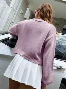 Teen Girls Fashionable Floral Pattern Loose Cropped Knit Cardigan Sweater - Purple - View 3