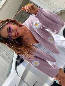 Teen Girls Fashionable Floral Pattern Loose Cropped Knit Cardigan Sweater - Purple - View 4