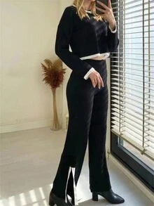 Autumn/Winter New Women's Casual Fashion Short Sleeve Contrast Color Side Slit Knit Set, Round Neck Long Sleeve Cropped Top, Retro Contrast Color, Streetwear, Casual - Black and White - View 7