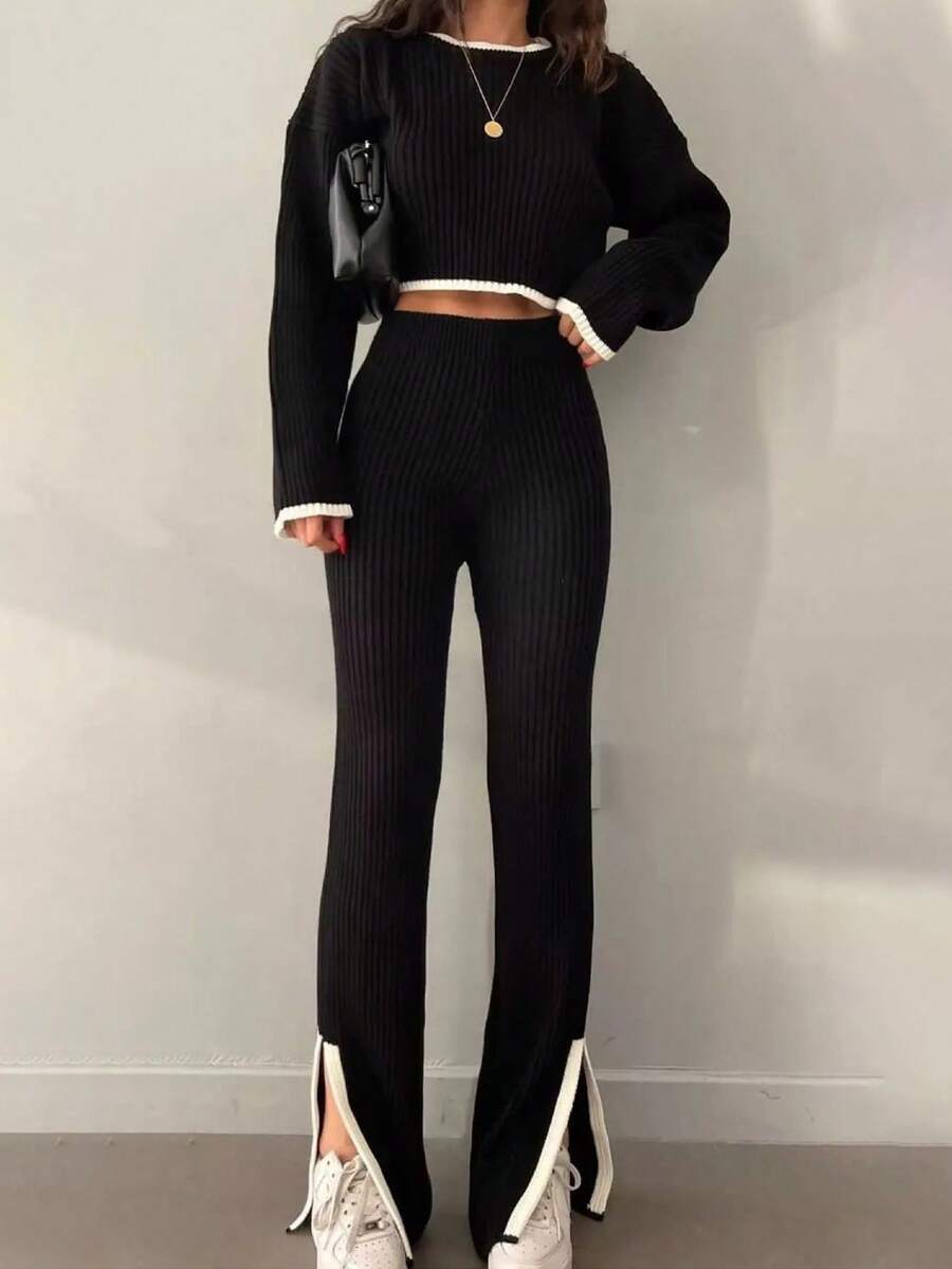 Autumn/Winter New Women's Casual Fashion Short Sleeve Contrast Color Side Slit Knit Set, Round Neck Long Sleeve Cropped Top, Retro Contrast Color, Streetwear, Casual - Black and White - View 1