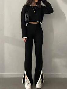Autumn/Winter New Women's Casual Fashion Short Sleeve Contrast Color Side Slit Knit Set, Round Neck Long Sleeve Cropped Top, Retro Contrast Color, Streetwear, Casual - Black and White - View 6