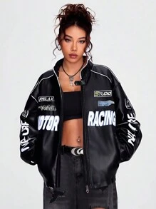 女士时尚休闲宽松修身夹克皮夹克黑色春季款 - 黑色 - 查看 1