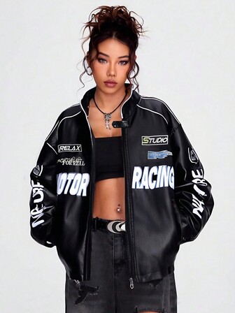 女士时尚休闲宽松修身夹克皮夹克