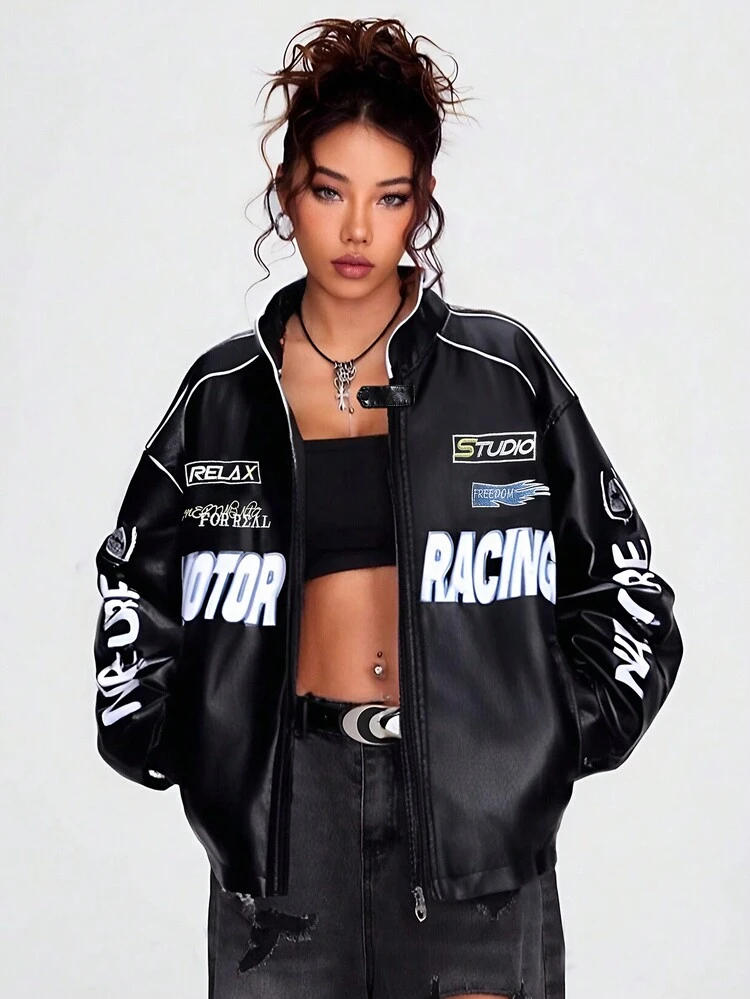 Women's Casual Loose Letter Print Faux Leather Jacket Black | SHEIN