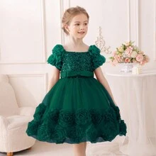 New Summer Young Girl Princess Party Dress, Floral Puff Sleeve Cute Young Girl Dress - Army Green - View 5