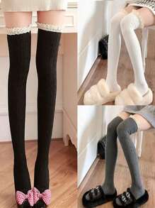 1對純色蕾絲裝飾過膝襪，秋冬款，收緊效果，適合長腿女孩或穿JK風格制服 - 灰色 - 查看 13