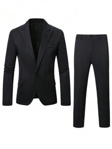 Men Casual Solid Color Suit Set, Including Jacket And Pants - Black - View 2