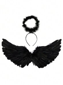 2 件套天使与魔鬼羽毛翅膀头饰派对服装道具适用于狂欢节、节日、化妆舞会万圣节舞会 - 翅膀兩件套裝 - 查看 1