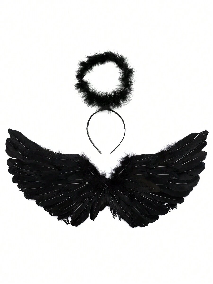 2 件套天使与魔鬼羽毛翅膀头饰派对服装道具适用于狂欢节、节日、化妆舞会万圣节舞会 - 翅膀兩件套裝 - 查看 1