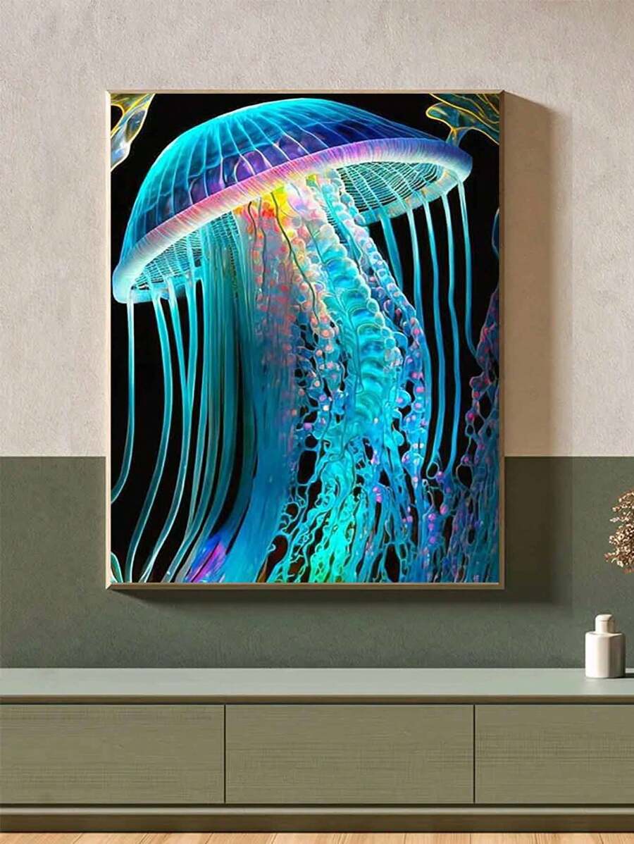 5D DIY 钻石马赛克绘画套件，可爱水母景观，钻石艺术家居墙壁装饰 - 淺藍色 - 查看 1