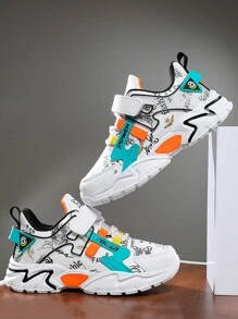 1pair Children Casual Lightweight & Durable Outdoor Sports Shoes With Convenient Hook-And-Loop Closure, Suitable For All Seasons