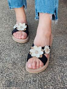 Dép đế bằng màu đen cho nữ, dép xỏ ngón trang trí hoa, thích hợp cho trong nhà, bãi biển và du lịch - màu đen - Xem 2
