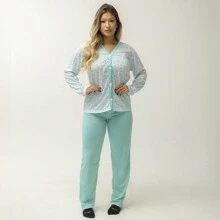 Long Nursing Pajamas Total Comfort - Practicality And Softness 100% Polyester - màu xanh lá - Xem 1