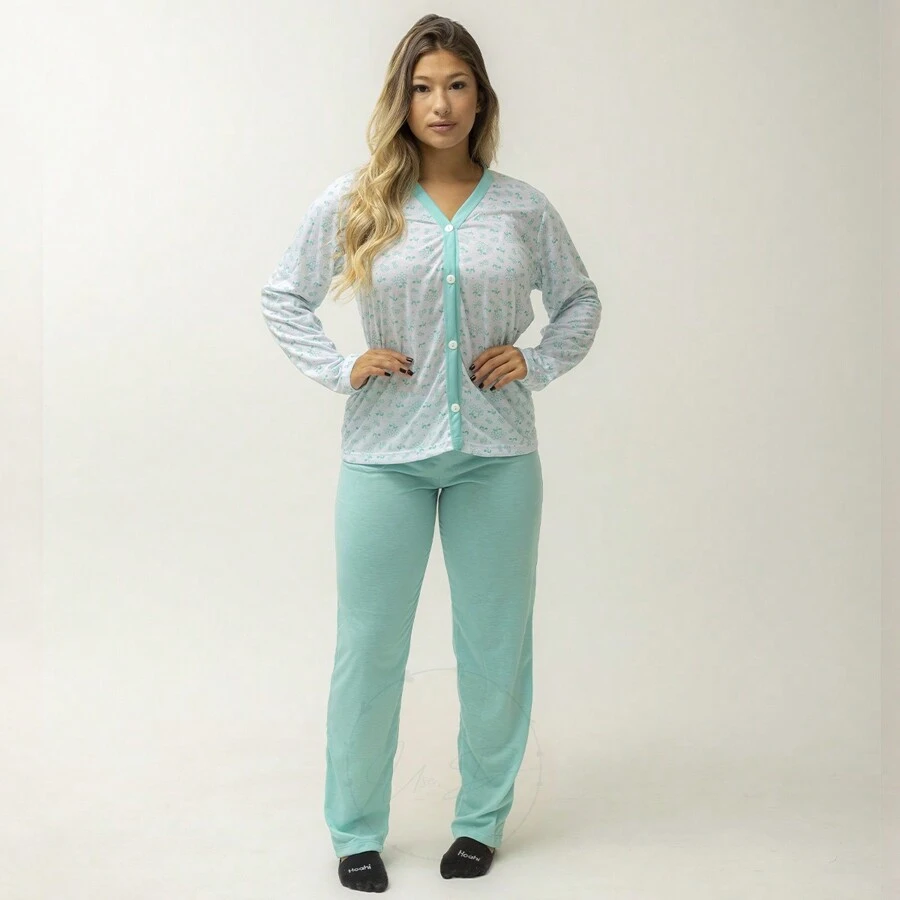 Long Nursing Pajamas Total Comfort - Practicality And Softness 100% Polyester - màu xanh lá - Xem 1