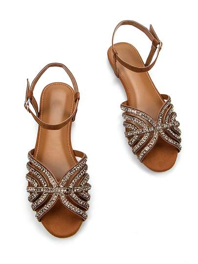 Women Glitter Rhinestone Hollow-Out Decor Brown Suede Fashionable Peep Toe Ankle Strap Flats, Suitable For Daily And Party Wear