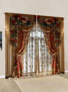 2 件圣诞星印花窗帘布，现代简约时尚数码印花窗帘，装饰性半透明窗帘杆，适合圣诞节、日常使用、所有季节 - 彩色 - 查看 1
