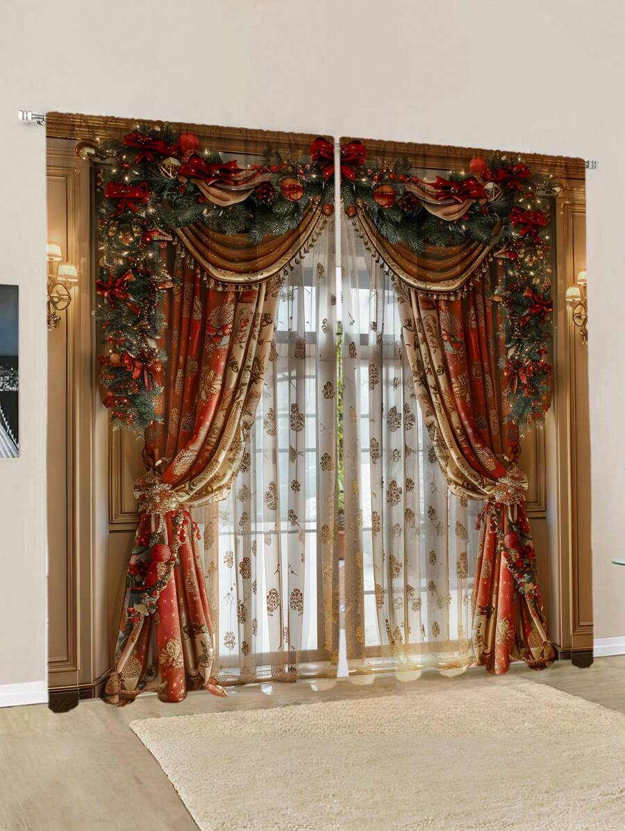 2 件圣诞星印花窗帘布，现代简约时尚数码印花窗帘，装饰性半透明窗帘杆，适合圣诞节、日常使用、所有季节 - 彩色 - 查看 1