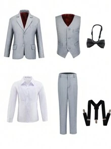 Tween Boy Back To School 6 Pieces Gentleman Suit Set: Jacket, Vest, Shirt, Pants, Tie, Suspenders - Light Grey - View 1