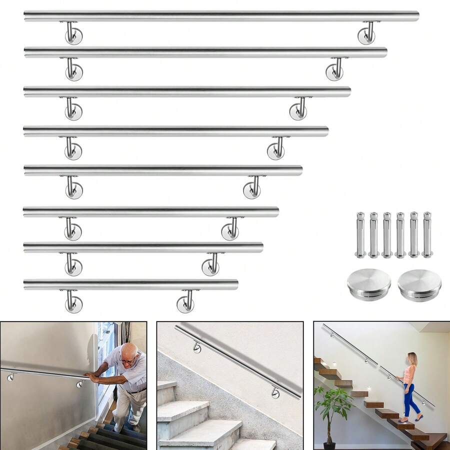 YUENFONG Handrail Railing Stainless Steel Stair Railing With Metal Dowels Wall Handrail Wall Bracket For Handrail Stainless Steel Outside, Balcony, Parapet, Stainless Steel Look (60cm, 80cm, 100cm, 120cm, 150cm, 160cm, 180cm, 200cm) - 銀色-150cm - 查看 1