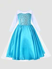 Young Girl Blue Scale Pattern Long Sleeve Trailing Party Dress - Multicolor - View 1
