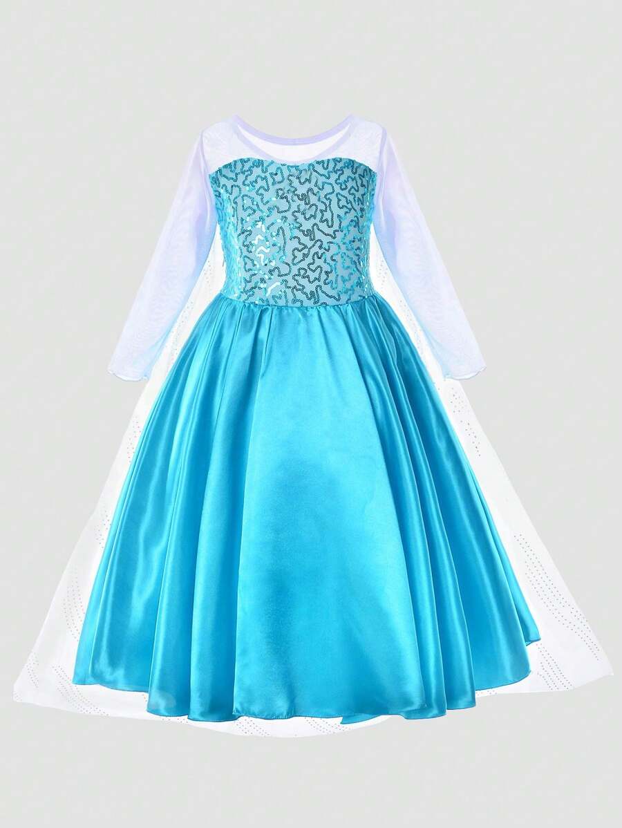 Young Girl Blue Scale Pattern Long Sleeve Trailing Party Dress - Multicolor - View 1