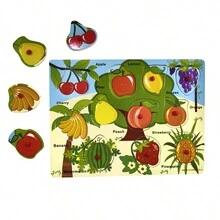 1 Piece Montessori Educational Toys Set, Hand Grasping Board, Wooden Puzzle, Matching Game, Alphabet Shape Recognition Toy, Animals And Fruits, Gift For Kids - 水果 - 查看 2