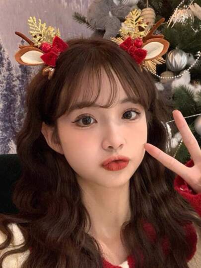 2pcs Women Resin Deer Antler Bow Hair Clips, Elegant Fashion High-End Christmas Decorative Accessories, Cute Cartoon Hair Clips Suitable For Holiday Party Claw Clips Hair Slide Hair Barrettes, Hair Accessories