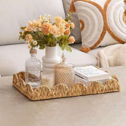 3pcs (S+M+L)/1pc Handwoven Willow Baskets, Scalloped Edge Water Hyacinth Rectangular Storage Baskets, Decorative Wicker Baskets For Coffee Table And Furniture Decor, Holiday Gift Organizer, Boho Reusable Storage Bins For Stationery, Closet, Toys, Cosmetics, Desk Organization, Ideal Gift Basket