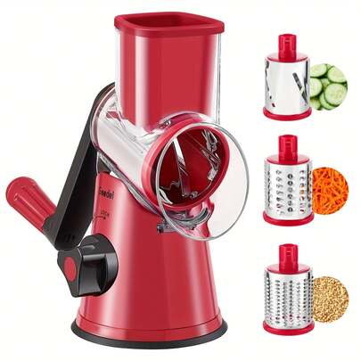 Geedel Rotary Cheese Grater, Vegetable Slicer With Three Drum Blades, Grater For Kitchen Faster And Easy Cutting, Rotary Drum Grater Ideal For Cheese, Cucumber, Carrot, Nuts, Etc.