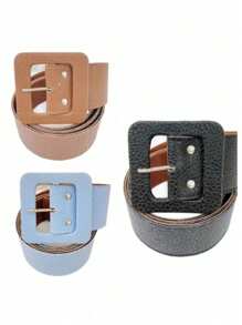 KIT 03 Women's Belts Colorful Leather Square Buckle HL111 - 黑色/棕色/淡藍色 - 查看 1